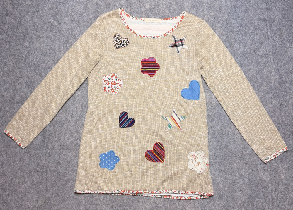 B.L.U.E Women's Fashion Long sleeve Shirt Retro Quilt Patch Work Small